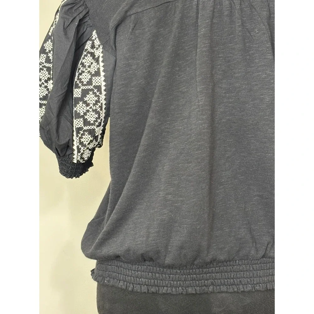 Anthropologie Embroidered Puff Sleeve V-Neck Smocked Top Black White Large
